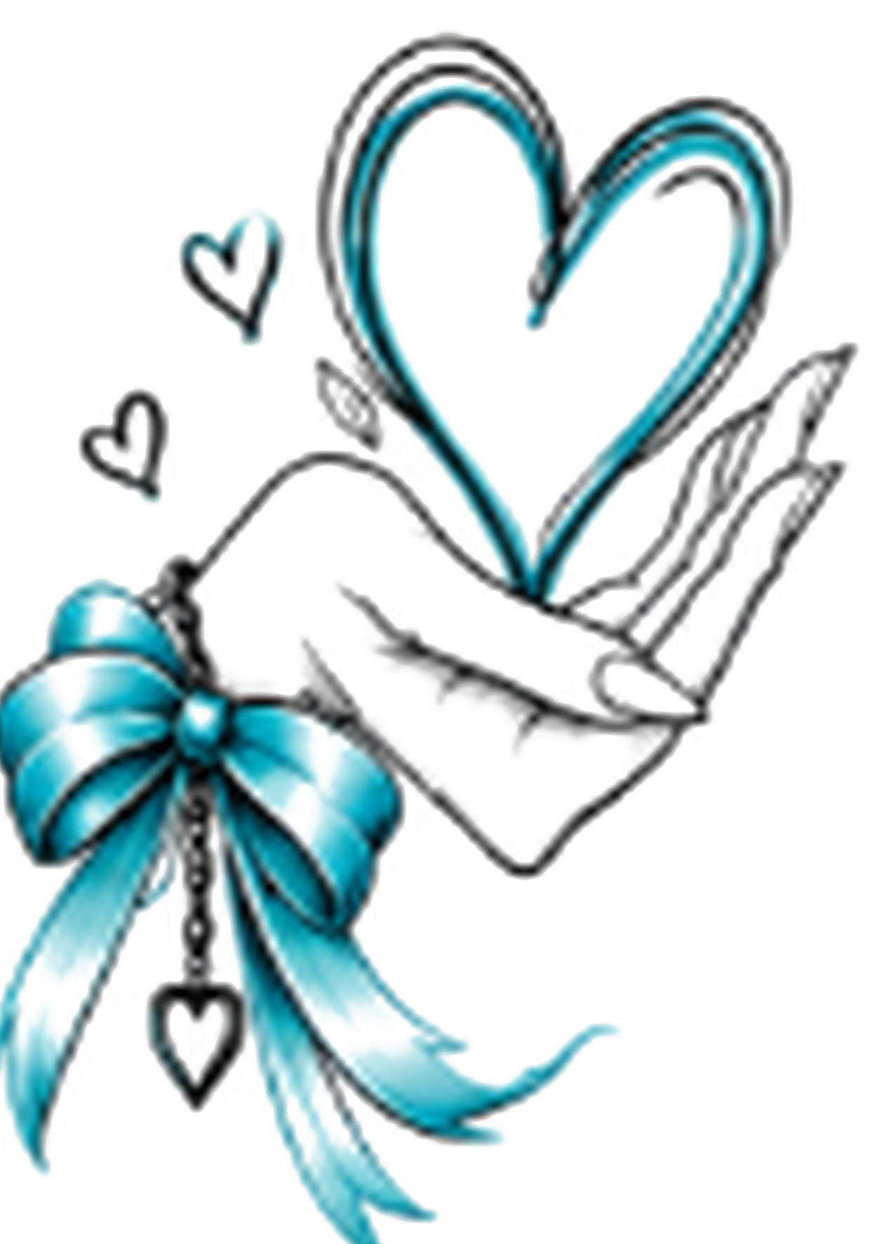 Illustration of a hand holding a turquoise heart with a turquoise bow